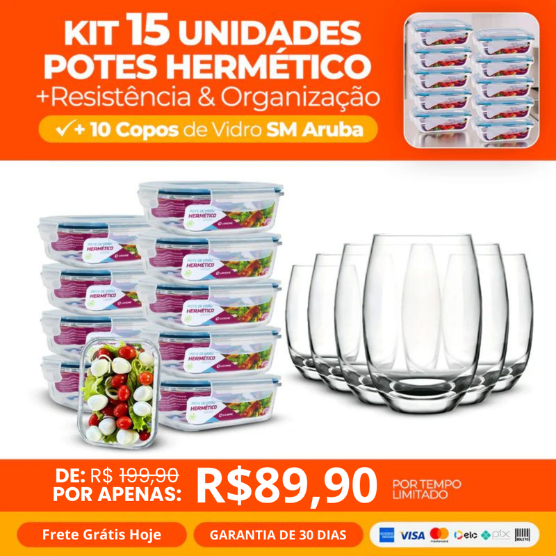 Promoção 15 Potes Hermeticos + 10 Copos de Vidro Aruba